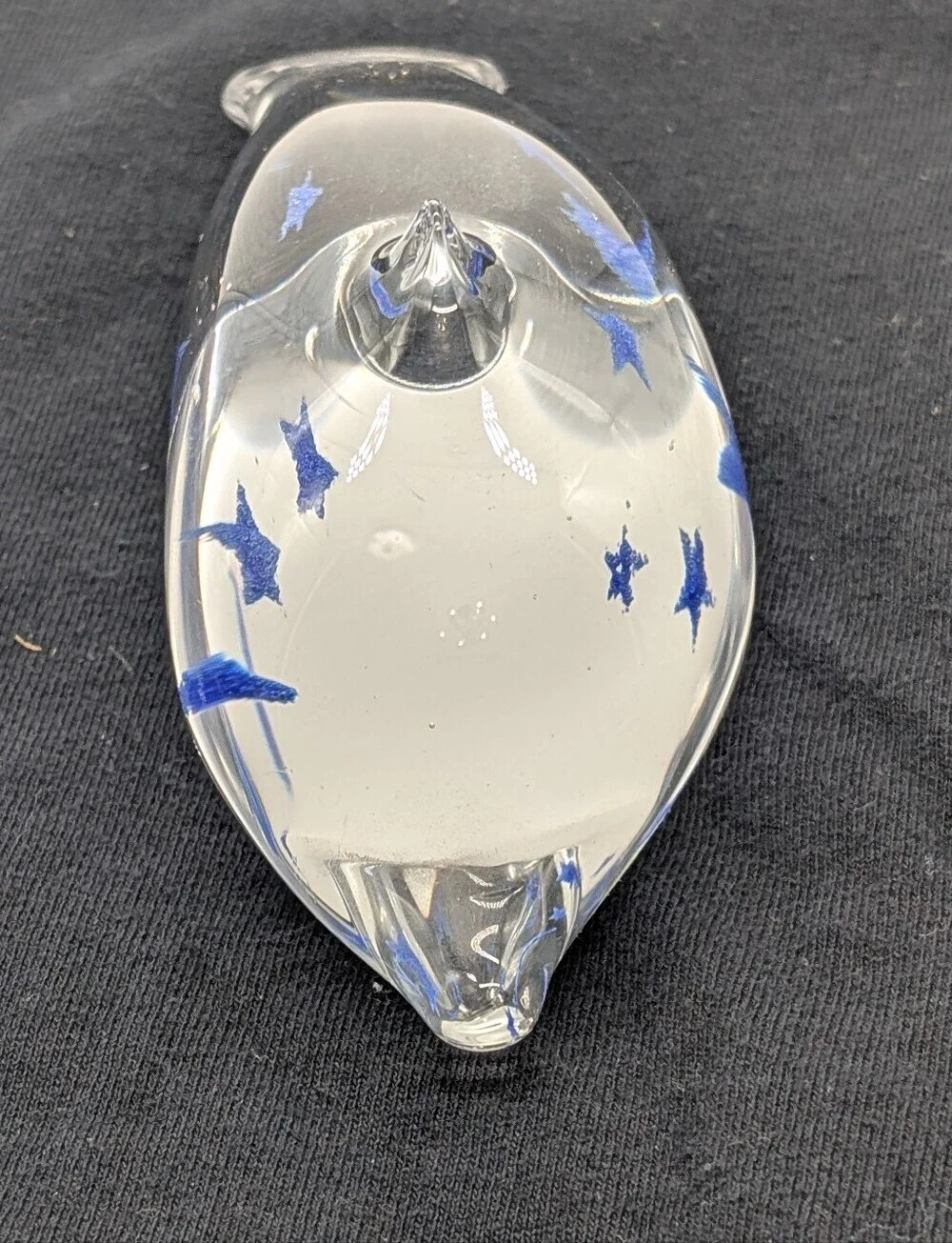 Vintage Hand Blown Art Glass Dolphin Figurine Paperweight Clear with Blue Stars